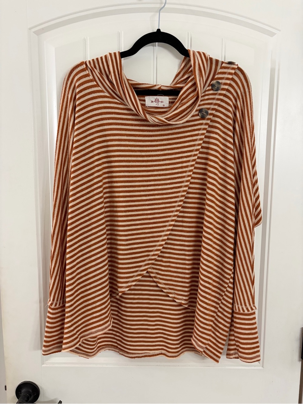 R2 Rust & Cream Striped Hooded Button-Accent Top
